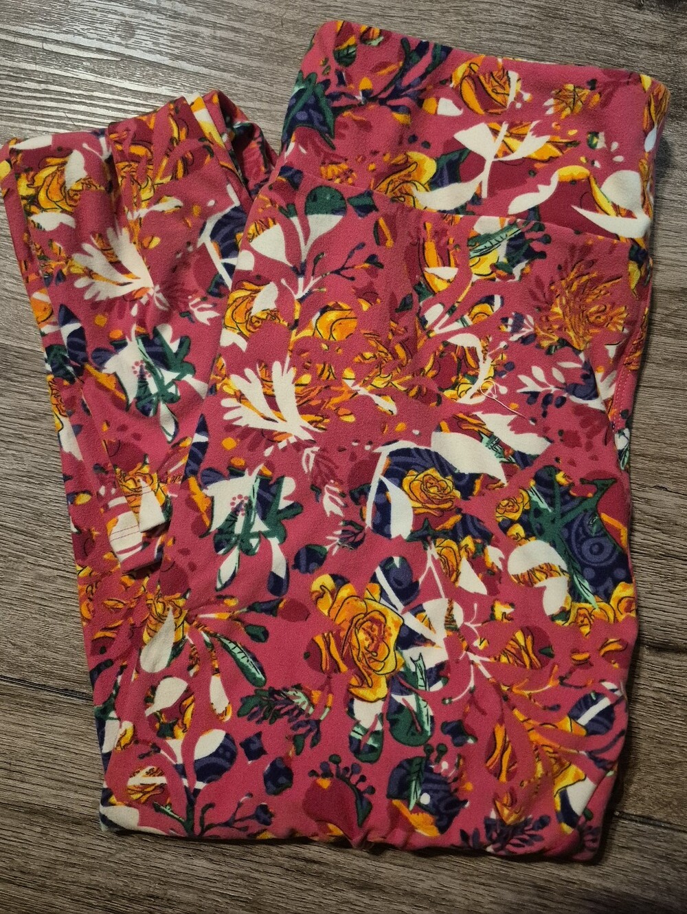 LuLaRoe Pink Floral Leggings with Yellow & Green Accents